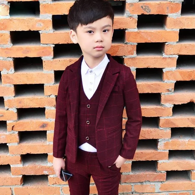 Boy's Plaid Three Pieces Suit Set