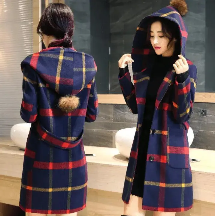 British College wind wool coat plaid long hooded woolen coat