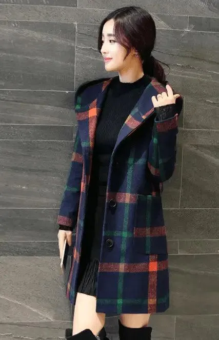 British College wind wool coat plaid long hooded woolen coat