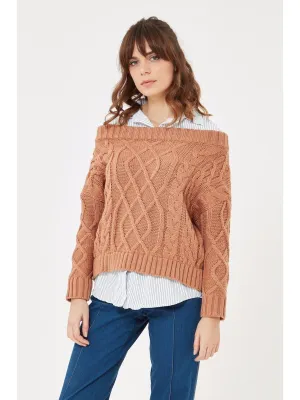 Cable Knit Sweater with Faux Shirt Attached Under Shirt