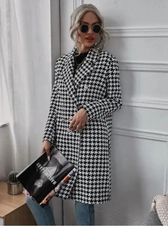 Fashion Houndstooth Print Long Woolen Coat