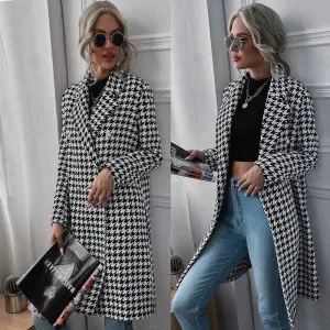 Fashion Houndstooth Print Long Woolen Coat