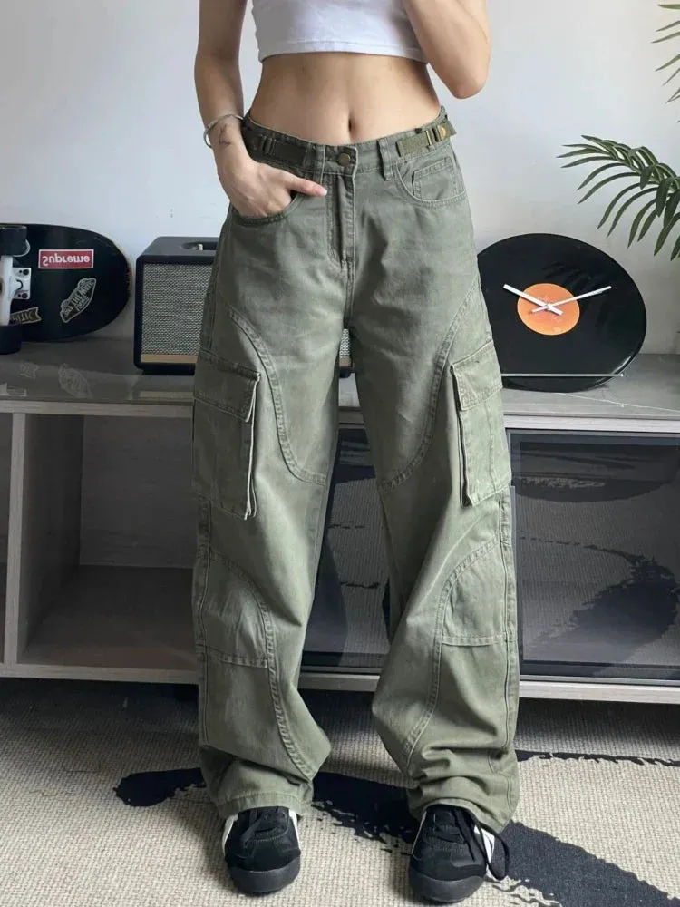 Green Jeans Woman Vintage Oversize Pockets Wide Leg Denim Pants