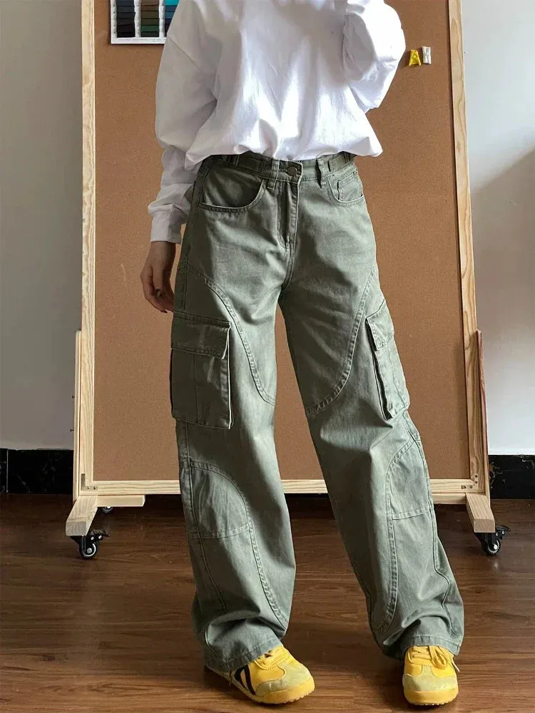 Green Jeans Woman Vintage Oversize Pockets Wide Leg Denim Pants