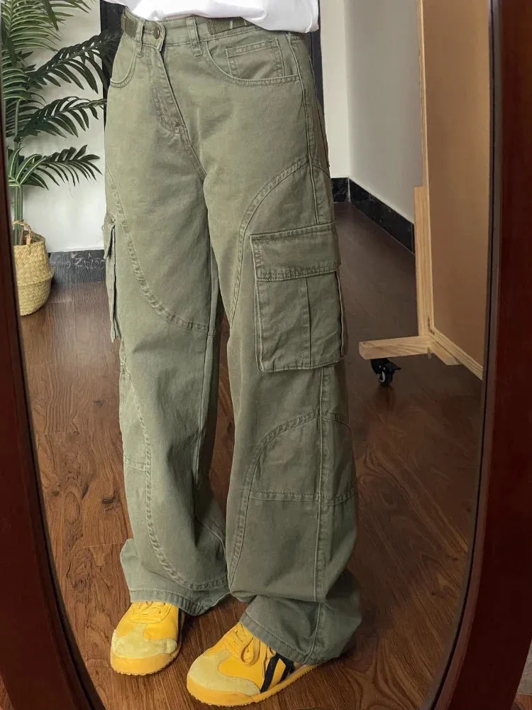 Green Jeans Woman Vintage Oversize Pockets Wide Leg Denim Pants