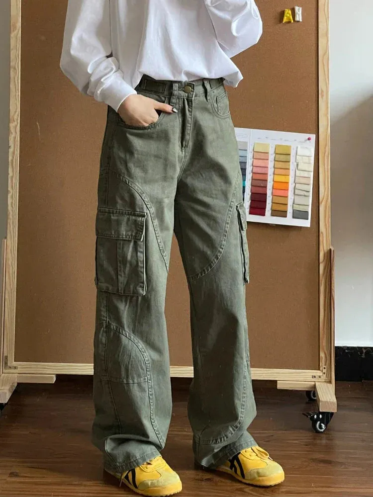 Green Jeans Woman Vintage Oversize Pockets Wide Leg Denim Pants