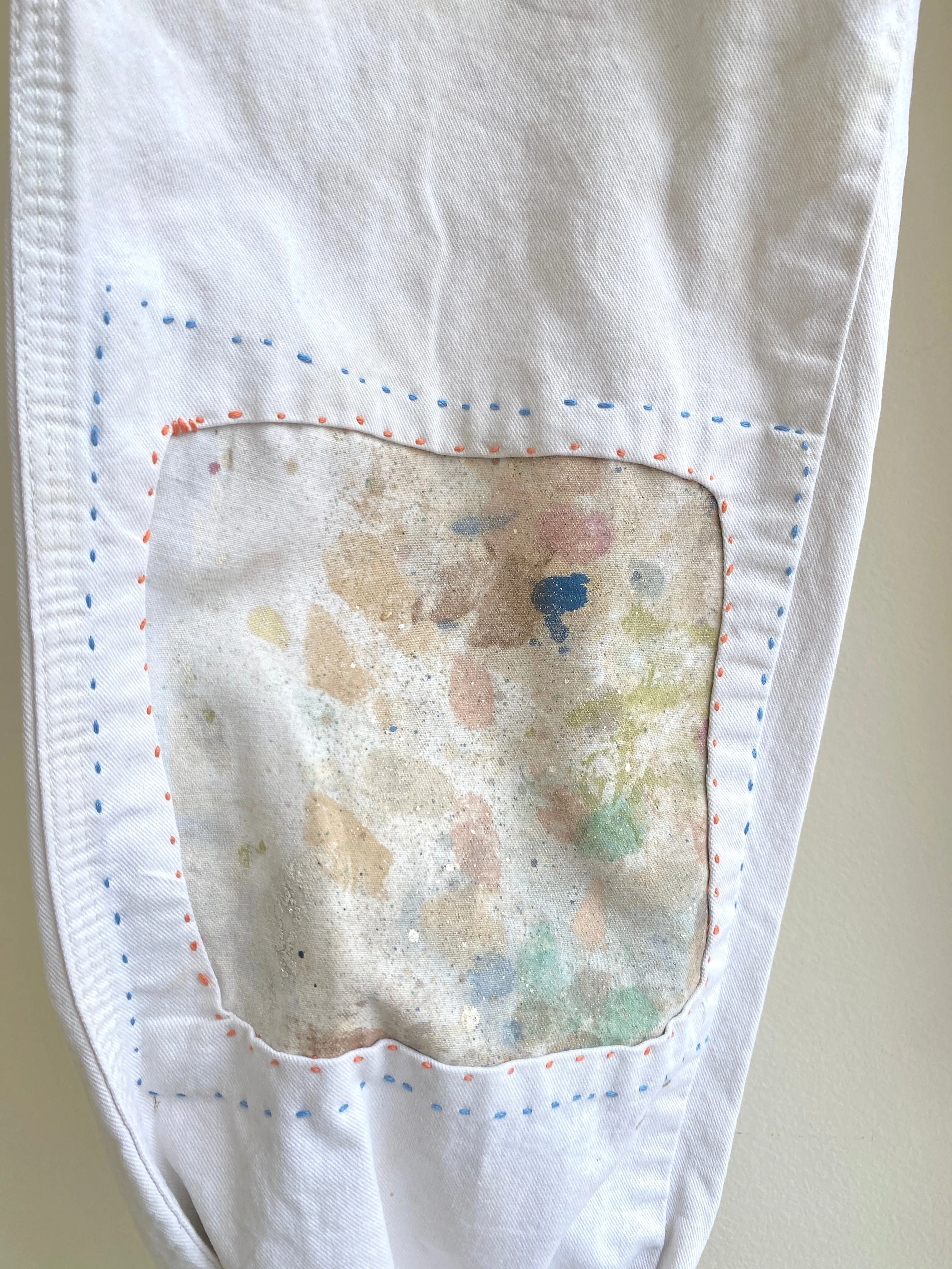 Hand Embroidered Waist & Hand Stitched Painters Drop Cloth Patched Pants w/ Cracker Jack Charm (Reworked)