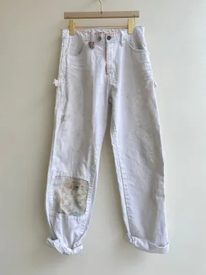 Hand Embroidered Waist & Hand Stitched Painters Drop Cloth Patched Pants w/ Cracker Jack Charm (Reworked)