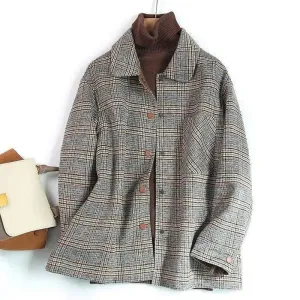 Handmade Plaid Woolen Coat Ladies Loose Casual