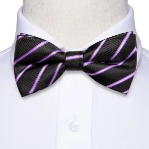 Hi-Tie Black Purple Striped Children Kids Bow Tie Hanky Cufflinks Set