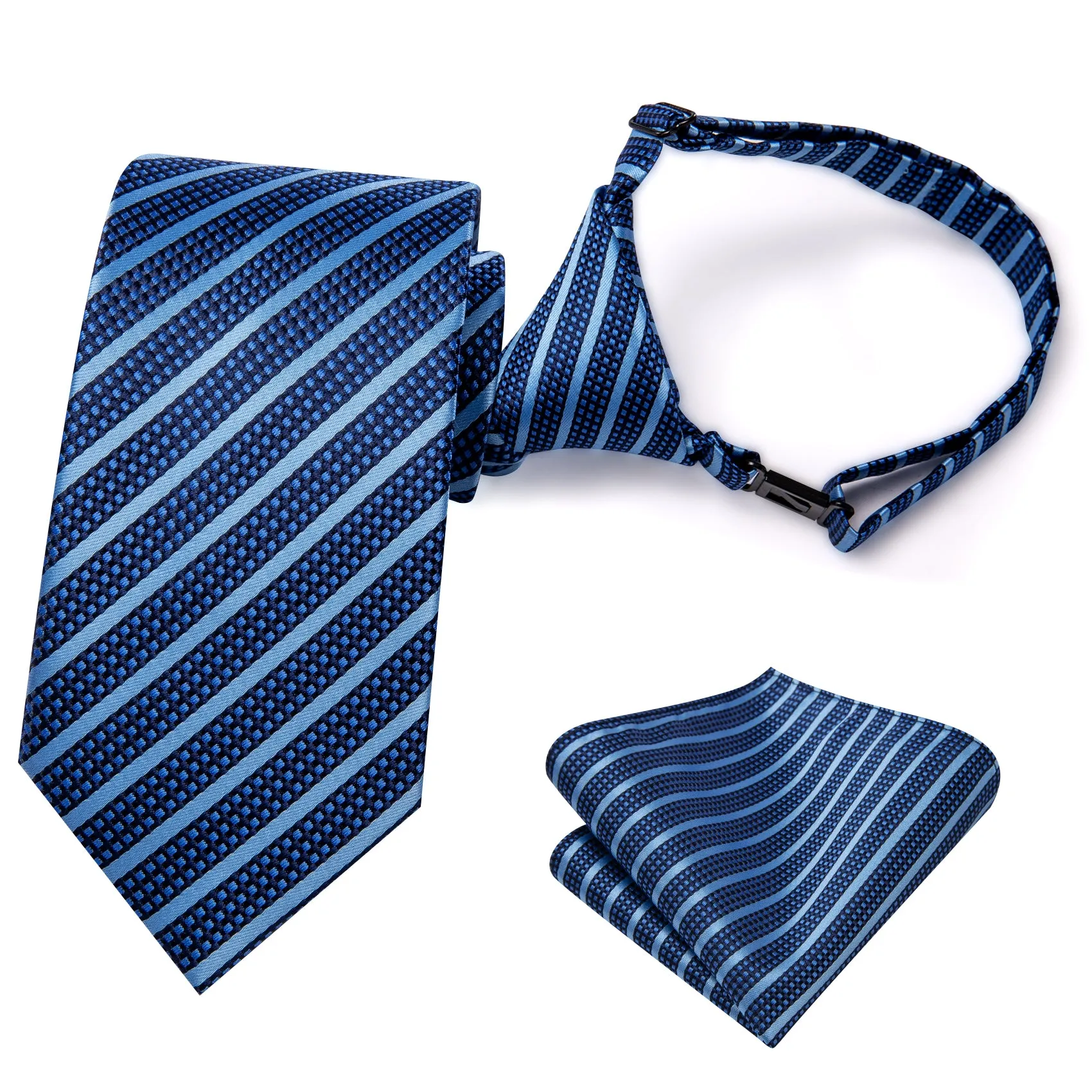 Hi-Tie Blue Striped Pre-tied Adjustable Tie Pocket Square