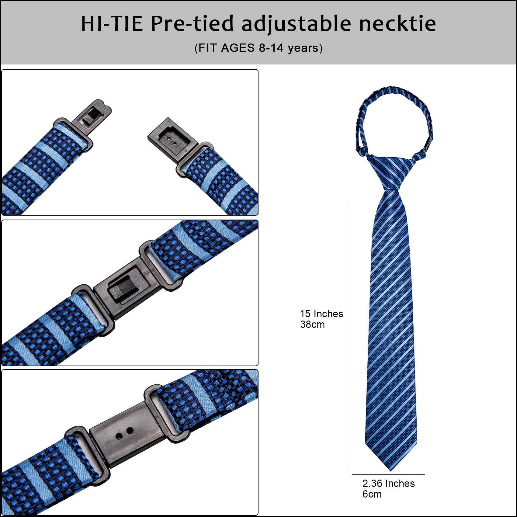 Hi-Tie Blue Striped Pre-tied Adjustable Tie Pocket Square