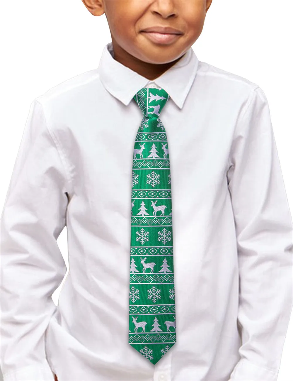 Hi-Tie Green Christmas Kids Pre-Tied Adjustable Tie Pocket Square Set