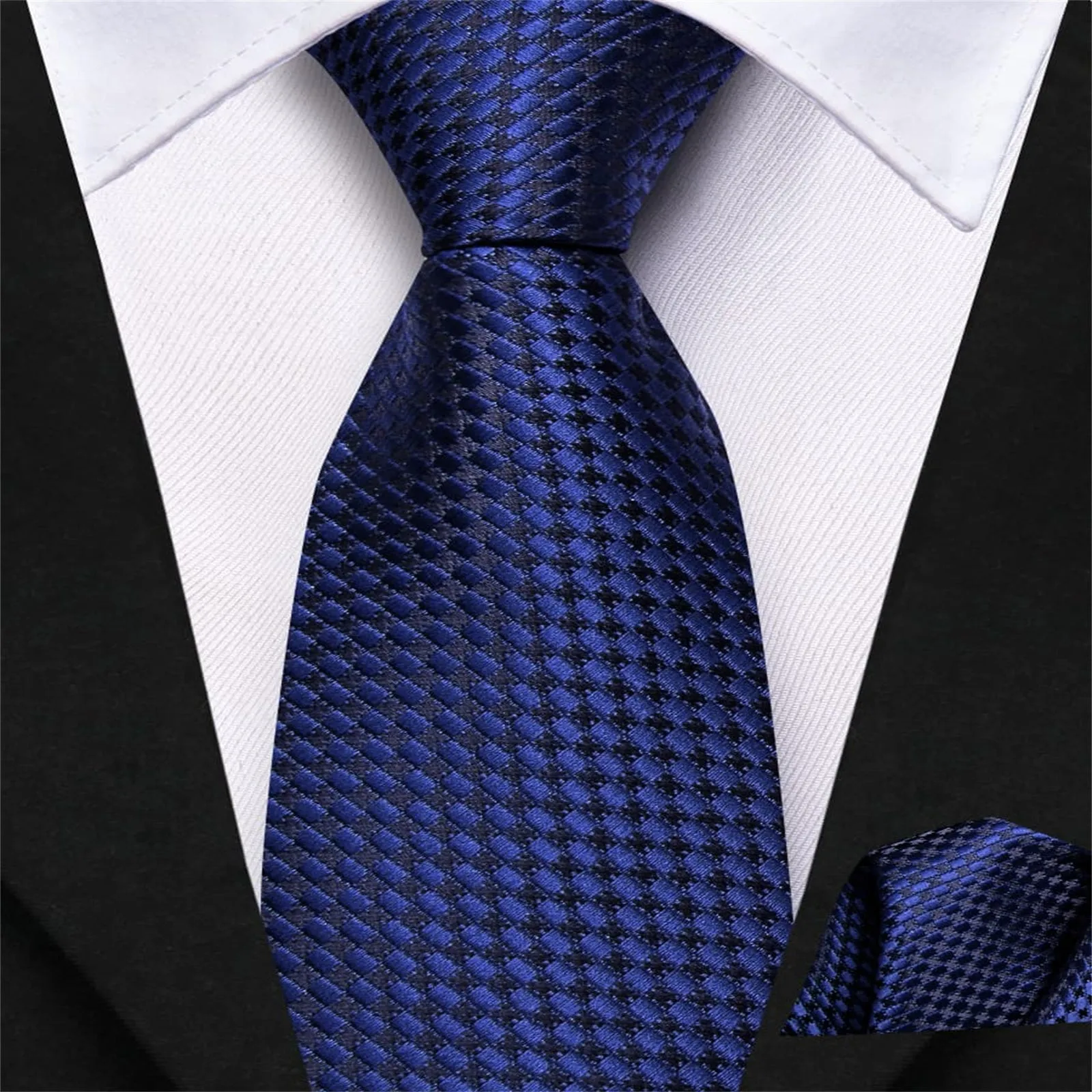 Hi-Tie Navy Blue Plaid Boys Pre-tied Adjustable Tie Pocket Square