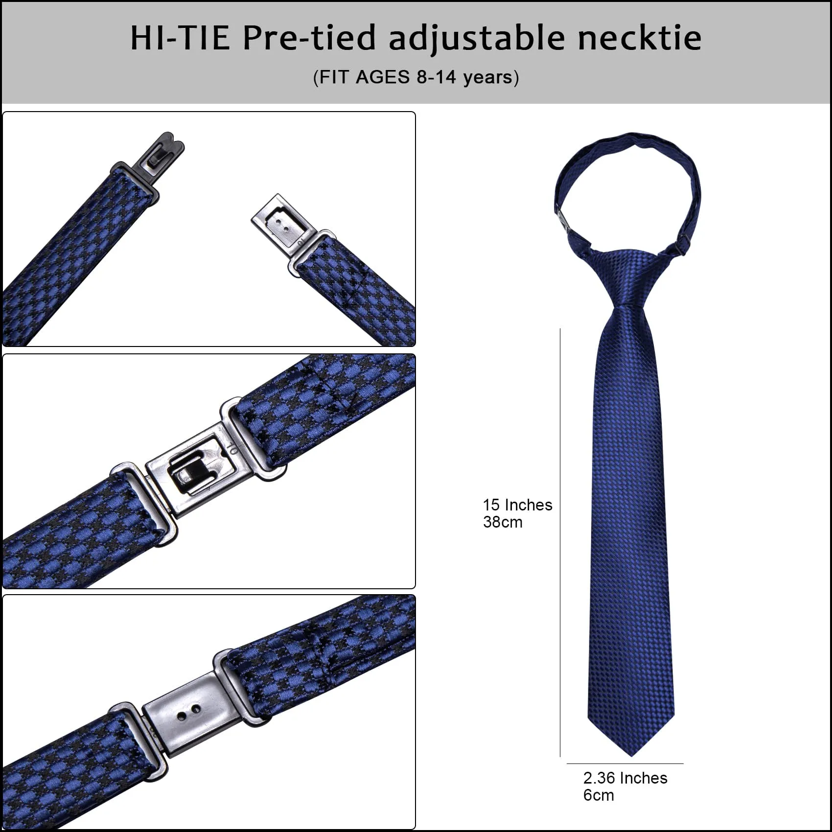 Hi-Tie Navy Blue Plaid Boys Pre-tied Adjustable Tie Pocket Square