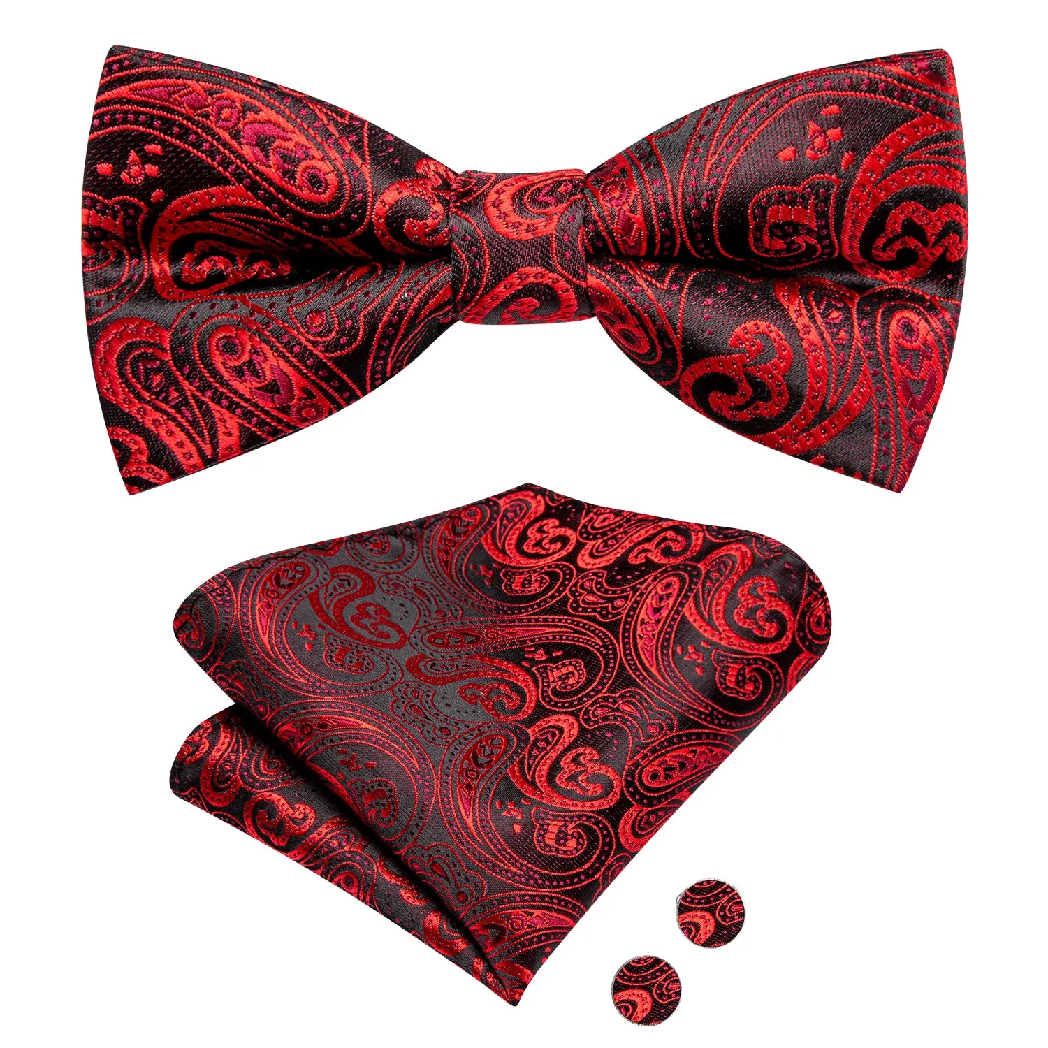 Hi-Tie Red Black Paisley Kids Neck Bow Tie Pocket Square Cufflinks Set