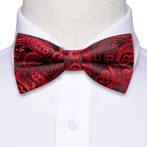 Hi-Tie Red Black Paisley Kids Neck Bow Tie Pocket Square Cufflinks Set