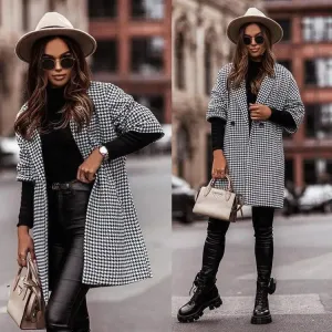 Houndstooth Three-Quarter Sleeve Woolen Coat