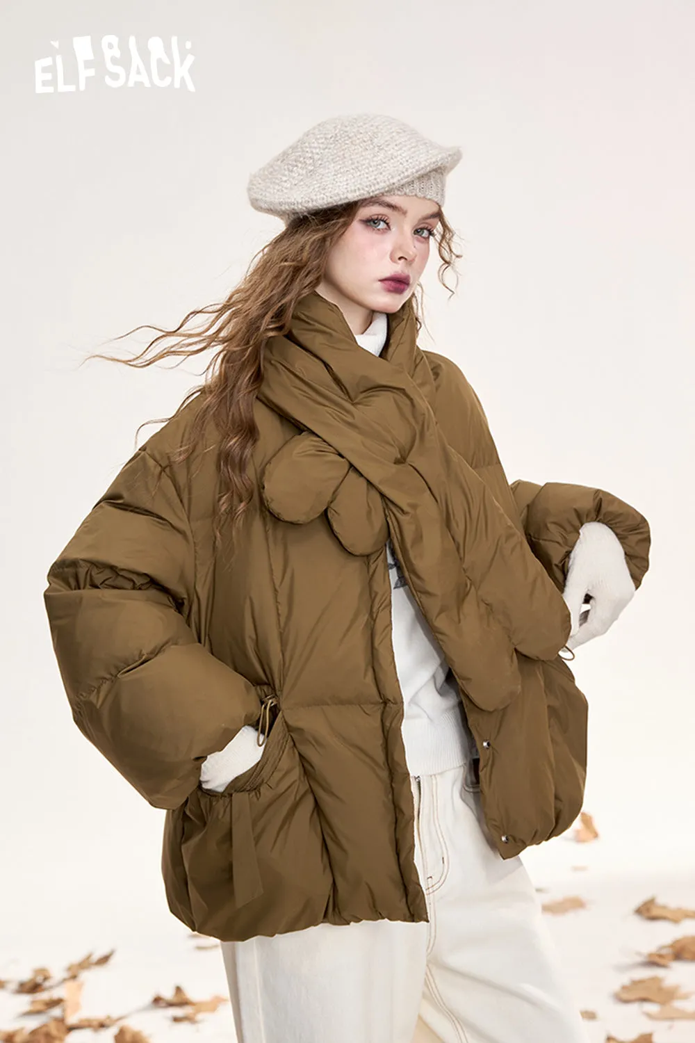 (Including scarf)ELFSACK 2024 Winter New Arrivals Retro simple down jacket for women round neck single breasted warm coat