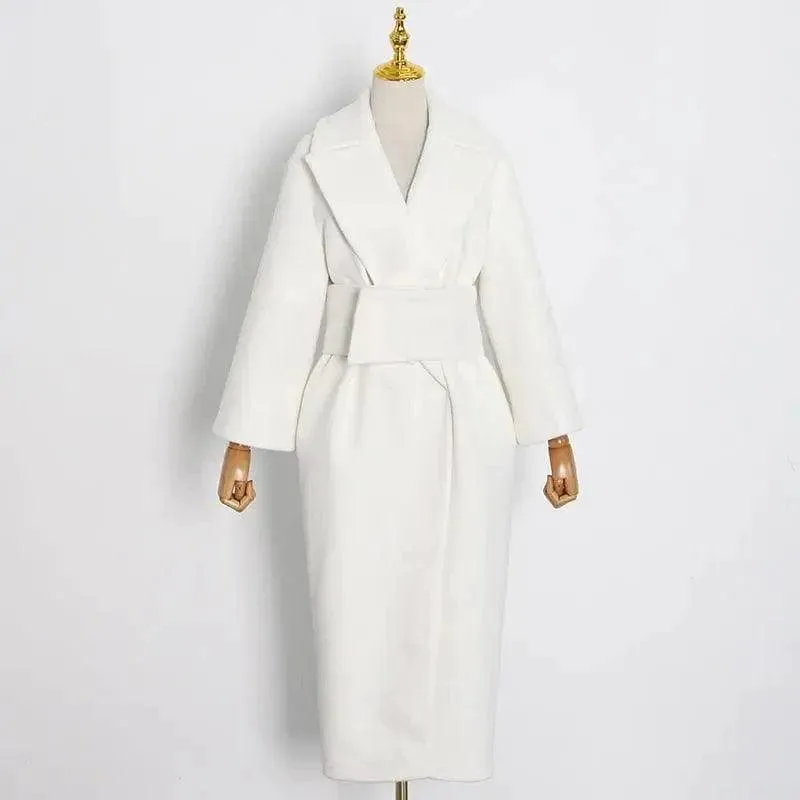 Lapel Waist White Mid-length Woolen Coat