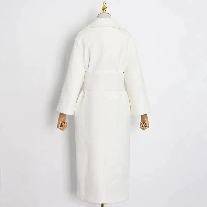 Lapel Waist White Mid-length Woolen Coat