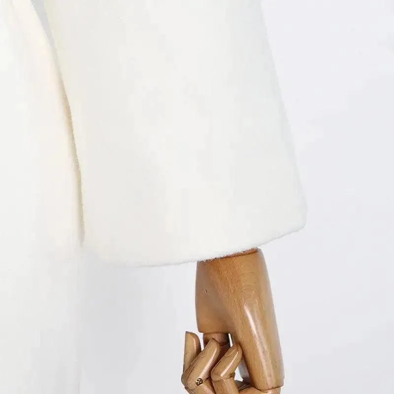 Lapel Waist White Mid-length Woolen Coat