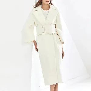 Lapel Waist White Mid-length Woolen Coat