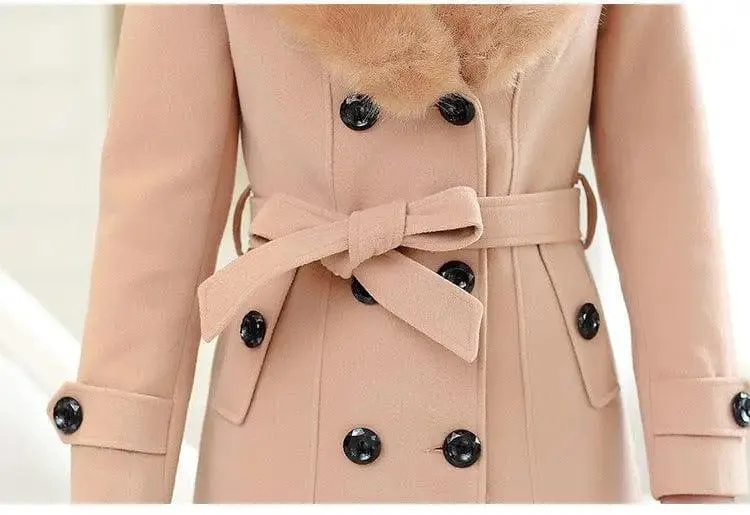 Large fur collar woolen coat