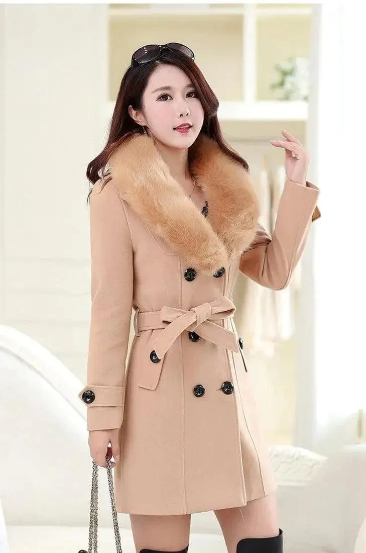 Large fur collar woolen coat