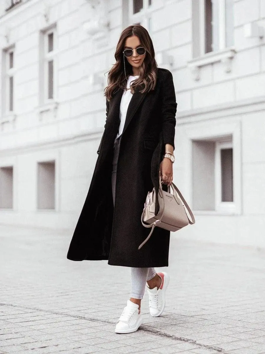 Long Sleeve V-neck Tie Woolen Coat Women's Clothing