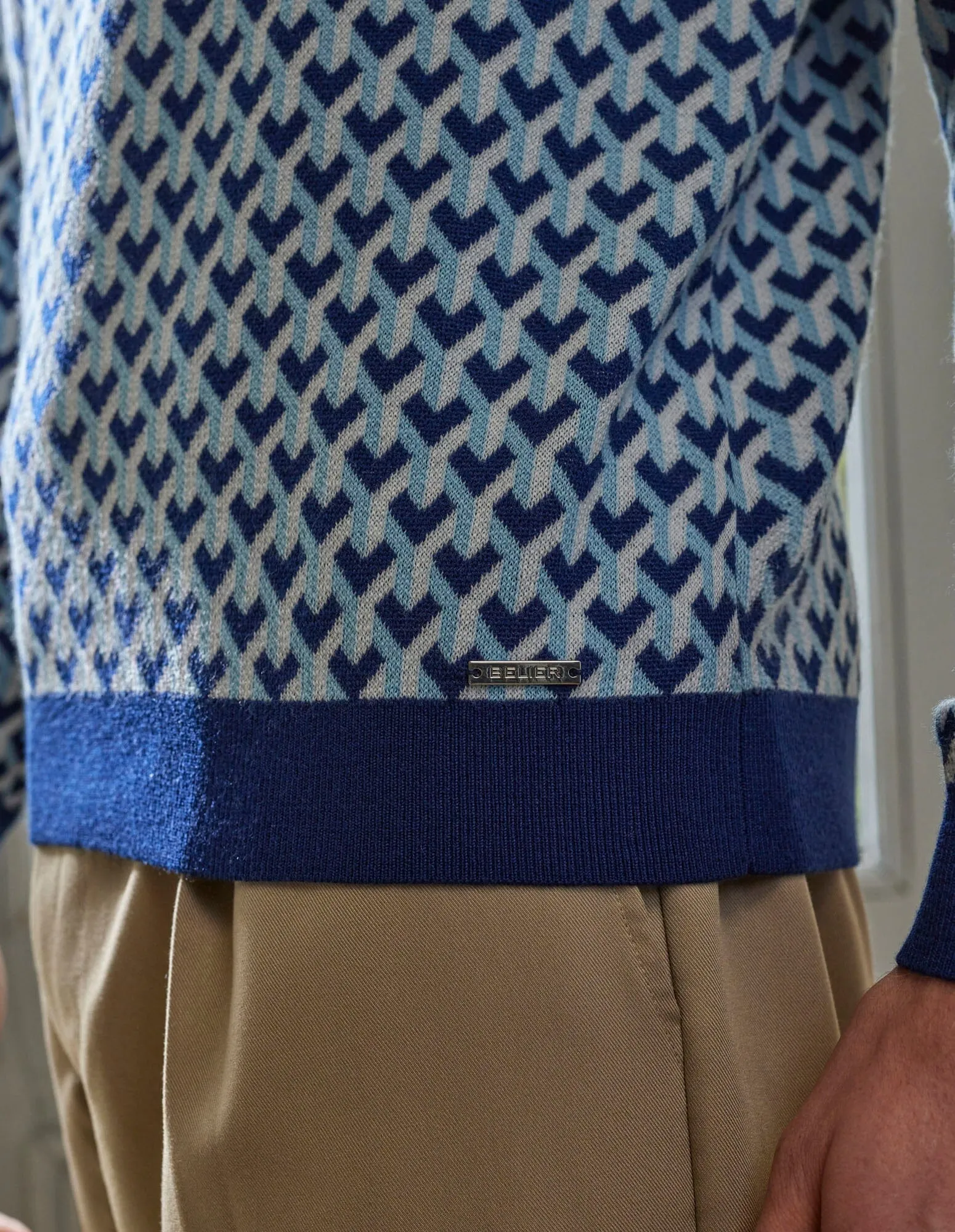 L/S Blue Illusion Knit Print Polo