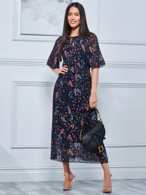 Quida Chiffon Pleated Maxi Dress, Navy Floral