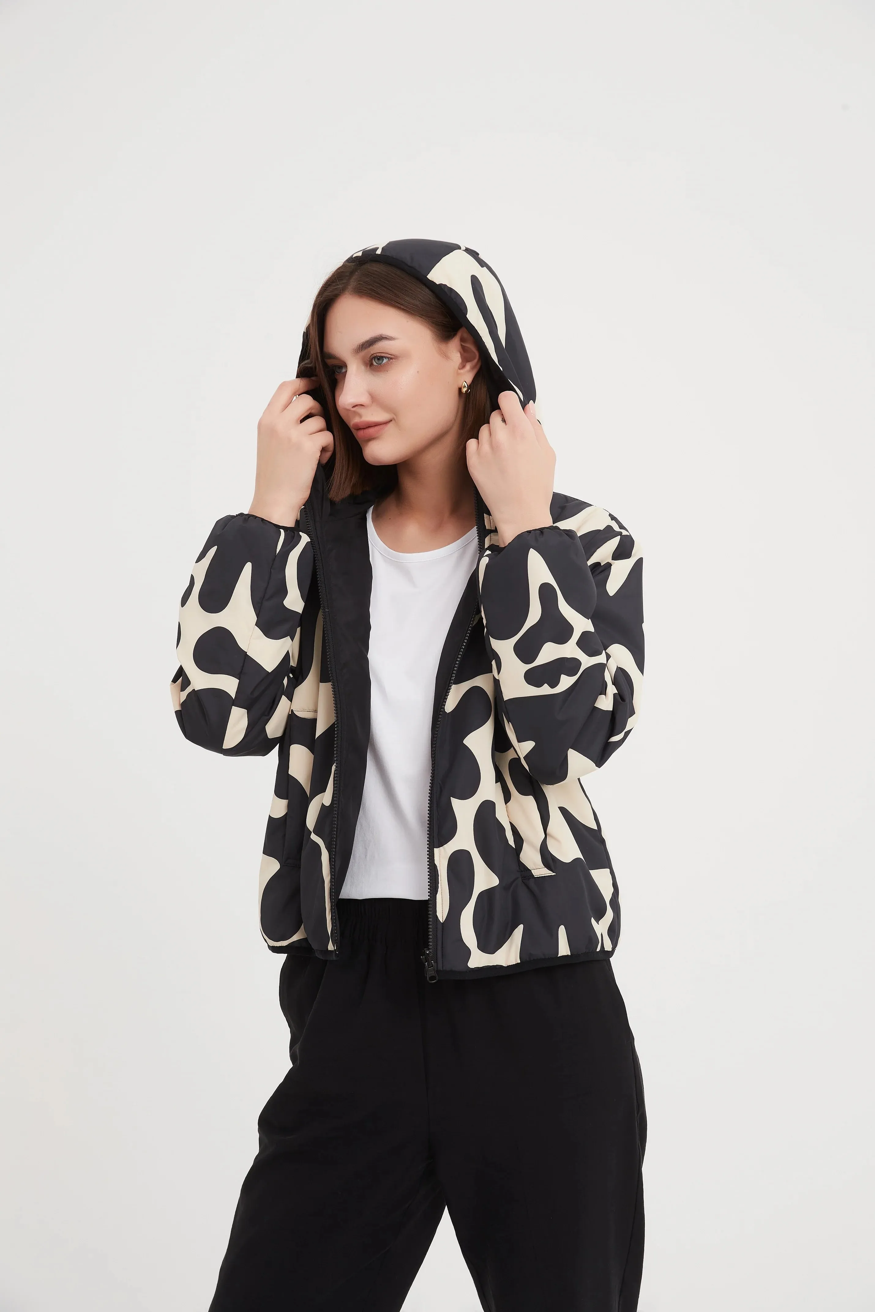 Reversible Print Puffer Jacket | Black/Cream Print