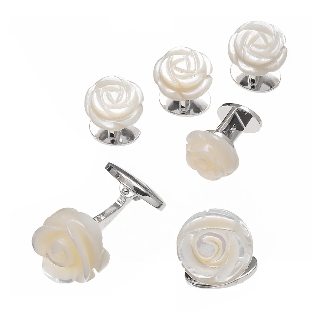 Rose Hand Carved Gemstone Sterling Cufflinks & Studs