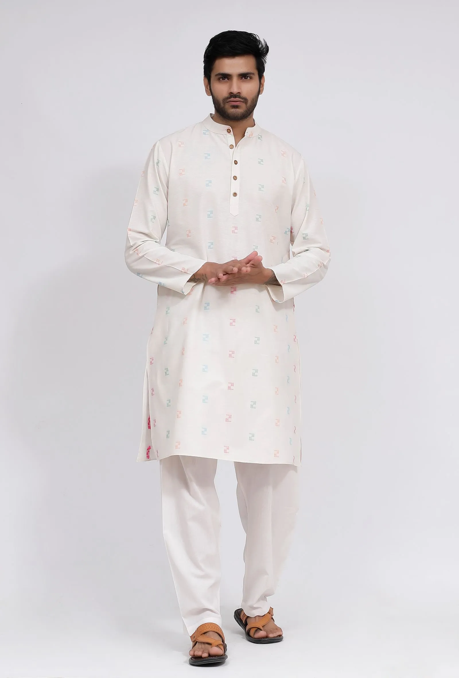 Set of 3: White Dobby Nehru Jacket With White Dobby Button Down Kurta and Pajama