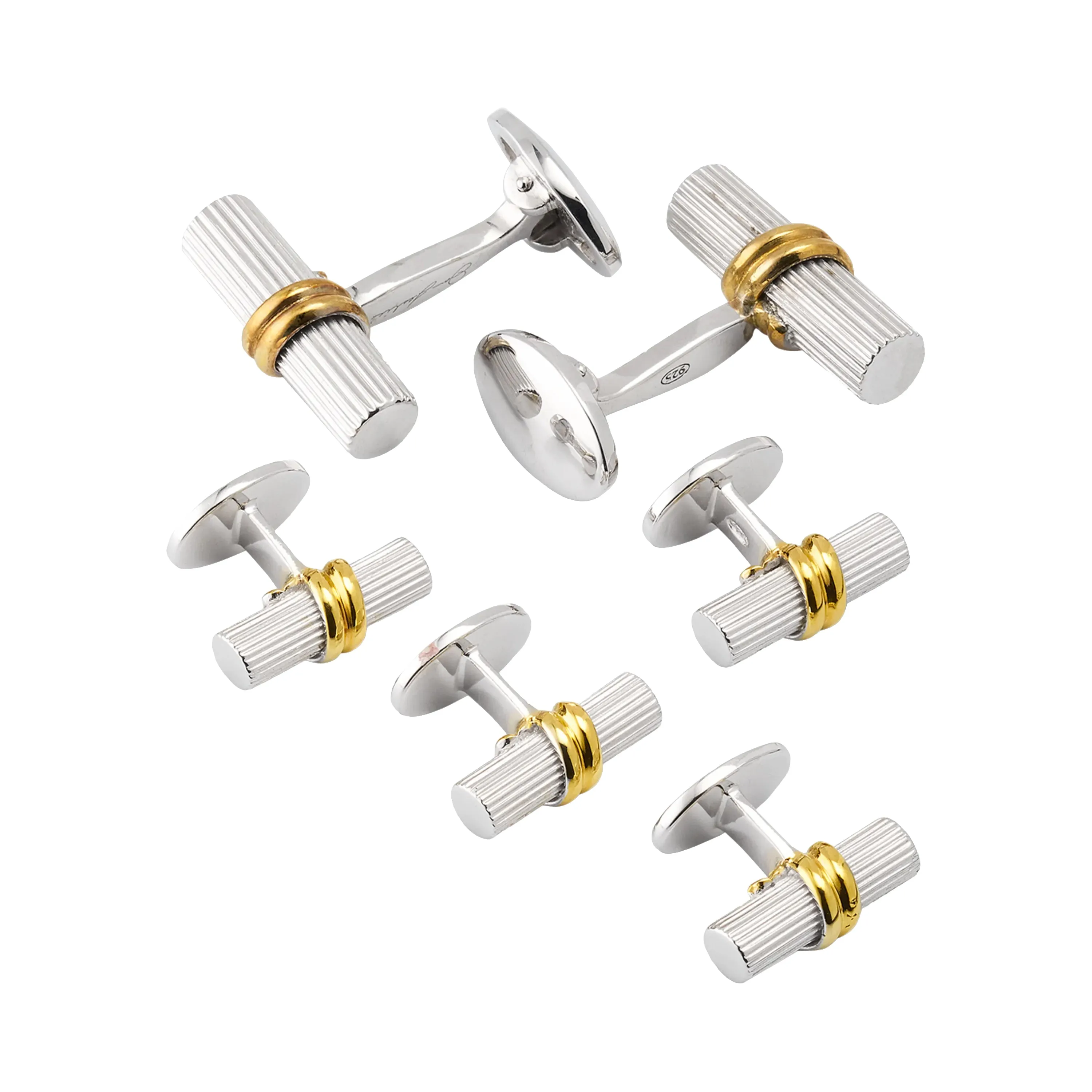 Tube Sterling Silver Cufflinks and Studs Set 18K Gold Vermeil Accent