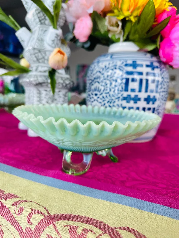 Vintage Bowl Jefferson Wheel Pattern Green Opalescent Glass, Footed