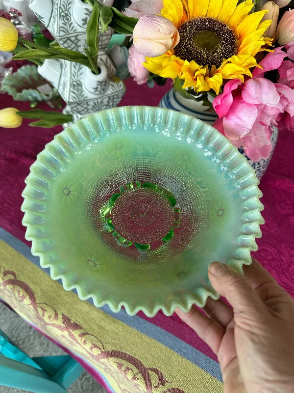 Vintage Bowl Jefferson Wheel Pattern Green Opalescent Glass, Footed