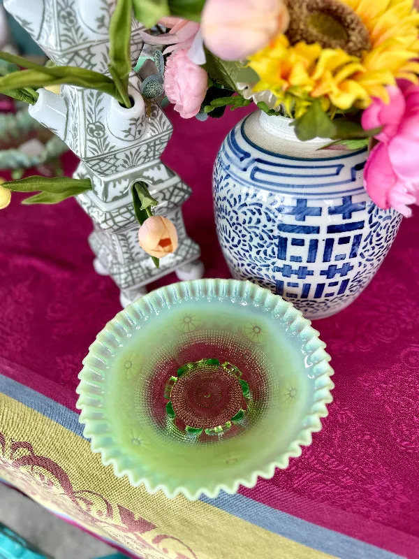 Vintage Bowl Jefferson Wheel Pattern Green Opalescent Glass, Footed