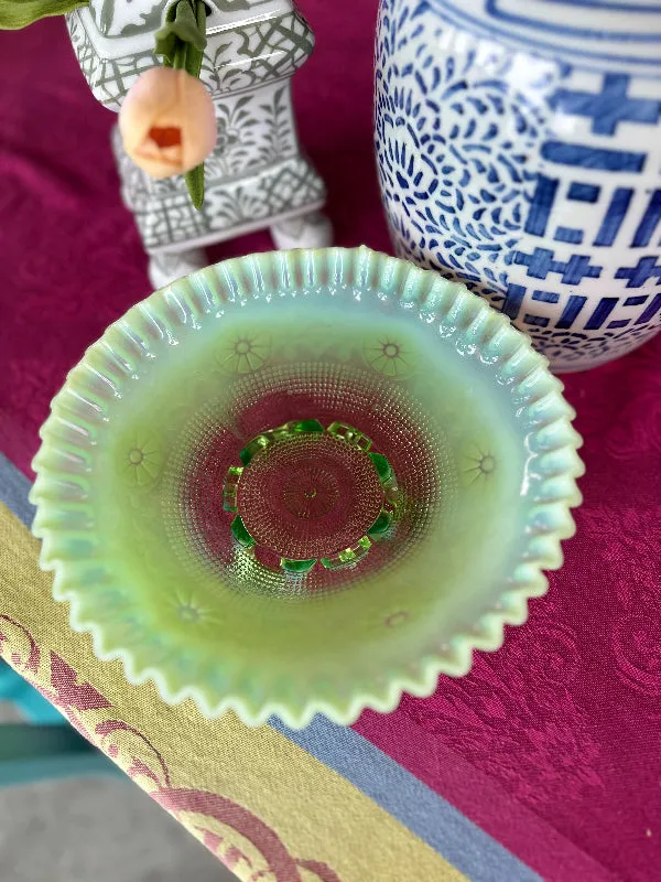 Vintage Bowl Jefferson Wheel Pattern Green Opalescent Glass, Footed