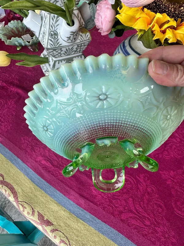 Vintage Bowl Jefferson Wheel Pattern Green Opalescent Glass, Footed