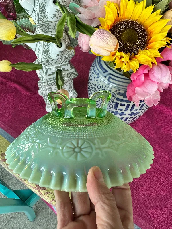 Vintage Bowl Jefferson Wheel Pattern Green Opalescent Glass, Footed