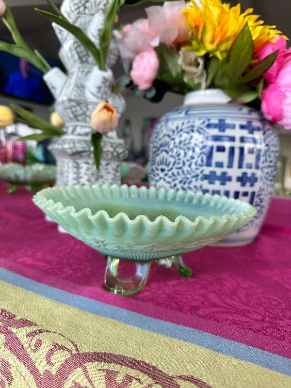 Vintage Bowl Jefferson Wheel Pattern Green Opalescent Glass, Footed