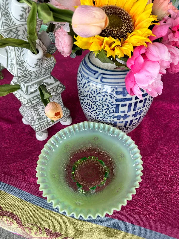 Vintage Bowl Jefferson Wheel Pattern Green Opalescent Glass, Footed