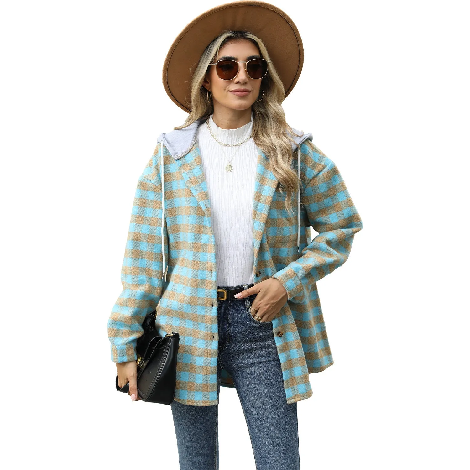 Women's Hooded Plaid Stitching Single-breasted Jacket