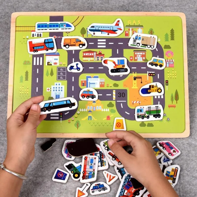 Wooden Magnetic Puzzle Animal Traffic Vehicle Scenes Game Children Baby Early Educational Learning Toys Jigsaw Puzzles for Kids