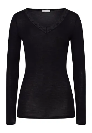 Woolen Lace Fine Ribbed Wool And Silk Top | Black 70974-019